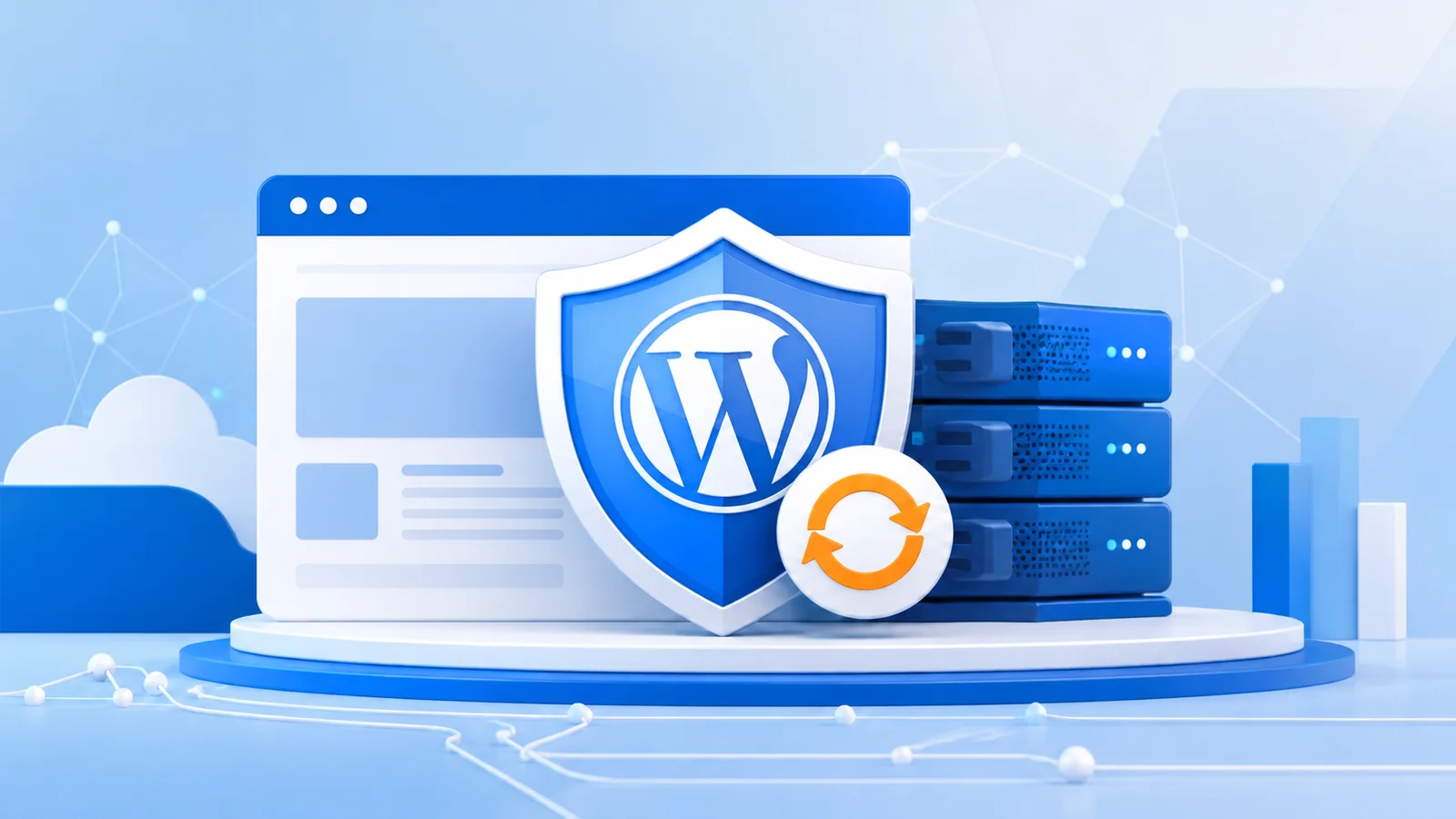 WordPressのロゴが入った盾で、ブラウザーとサーバーを保護し更新する様子を表したイメージ
